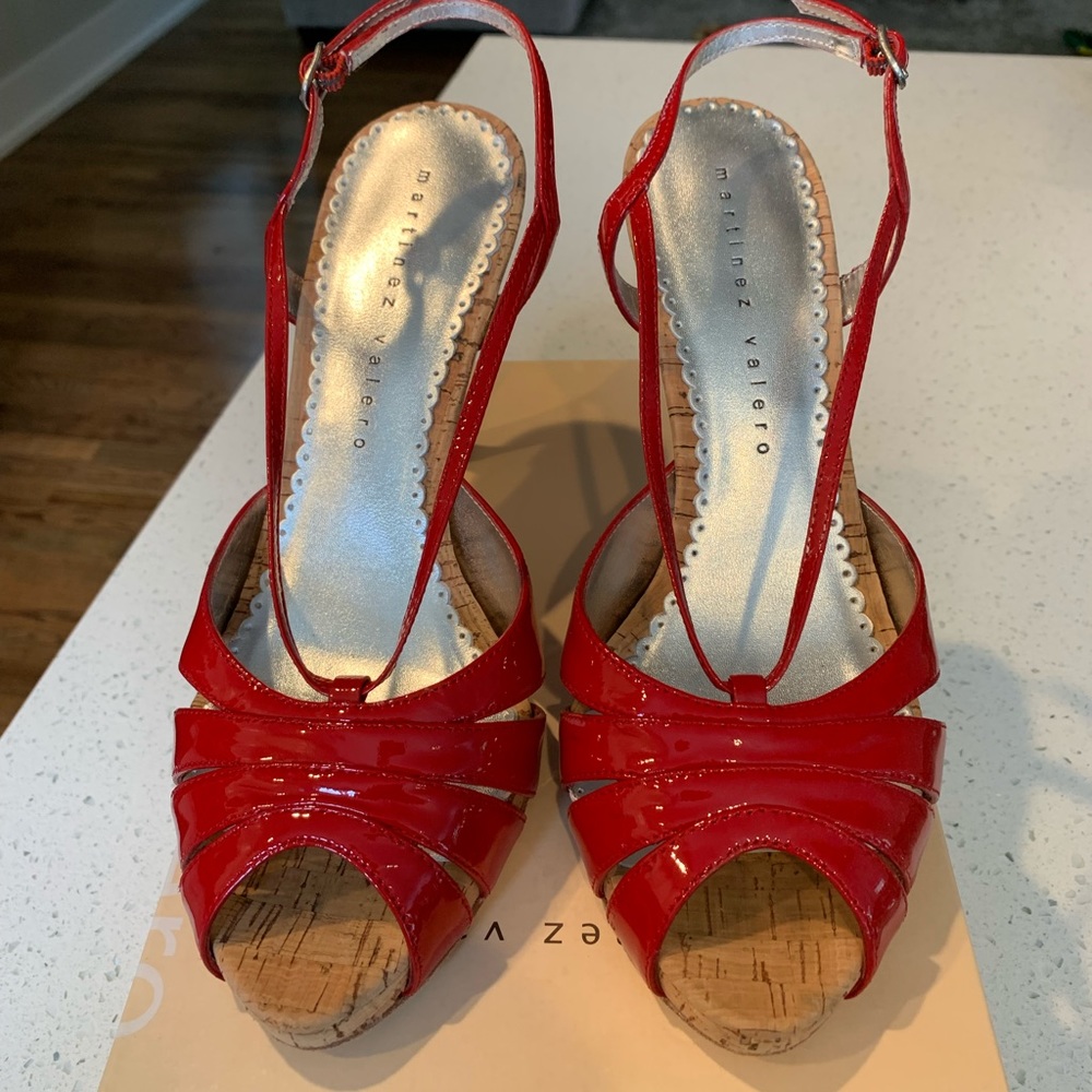 Stunning red patent leather and cork heals.